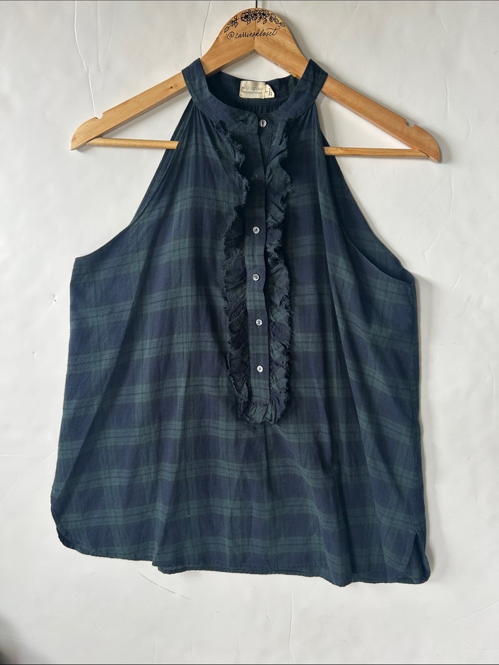 Nili Lotan Navy and Green Plaid Ruffle Halter Tank Blouse size S
